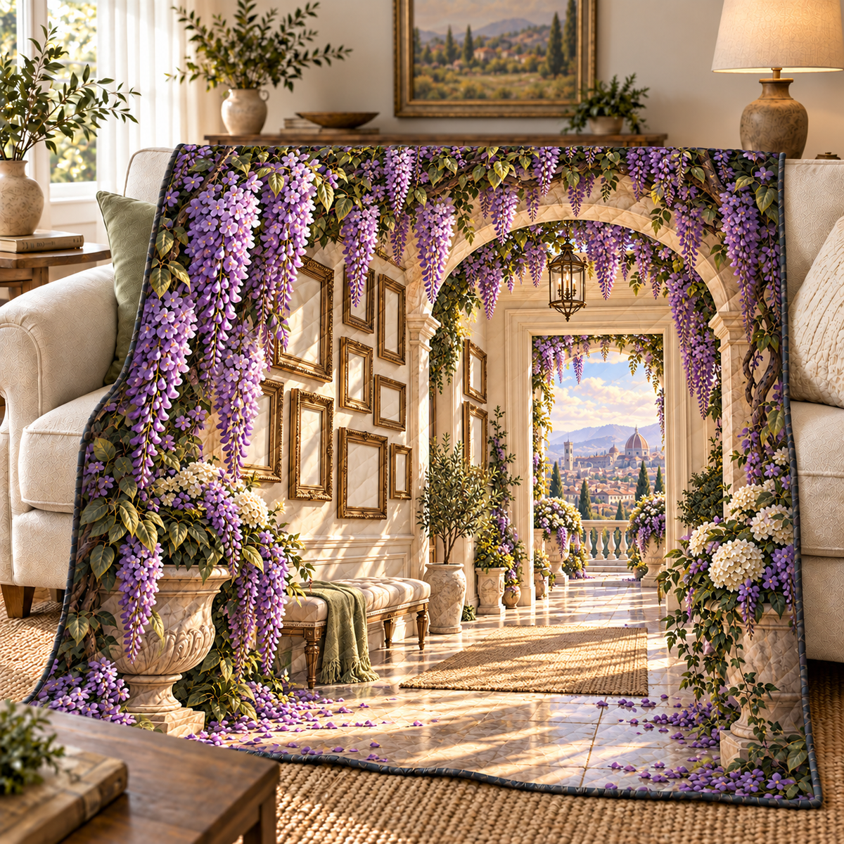 Wisteria Apartment Gallery Quilt Blanket with printed optical 3D artwork in its use setting