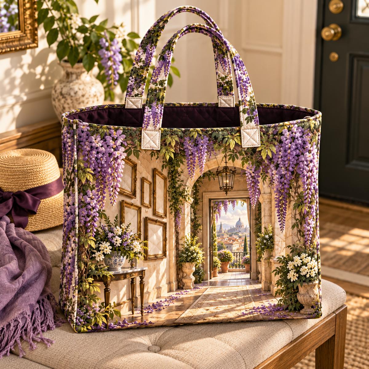 Wisteria Apartment Gallery Quilted Tote Bag with printed optical 3D artwork in its use setting