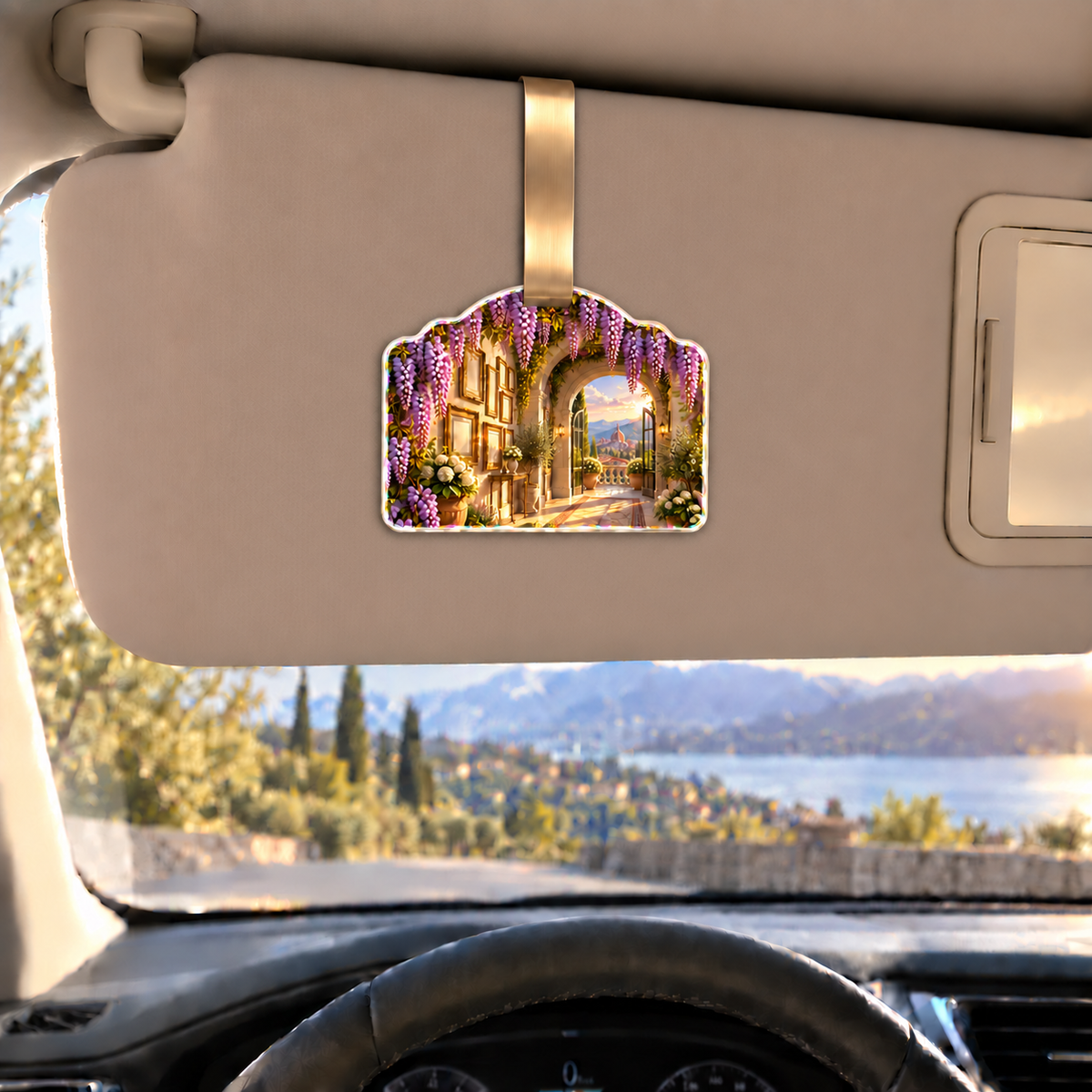Wisteria Apartment Gallery Holographic Car Visor Clip with printed optical 3D artwork in its use setting