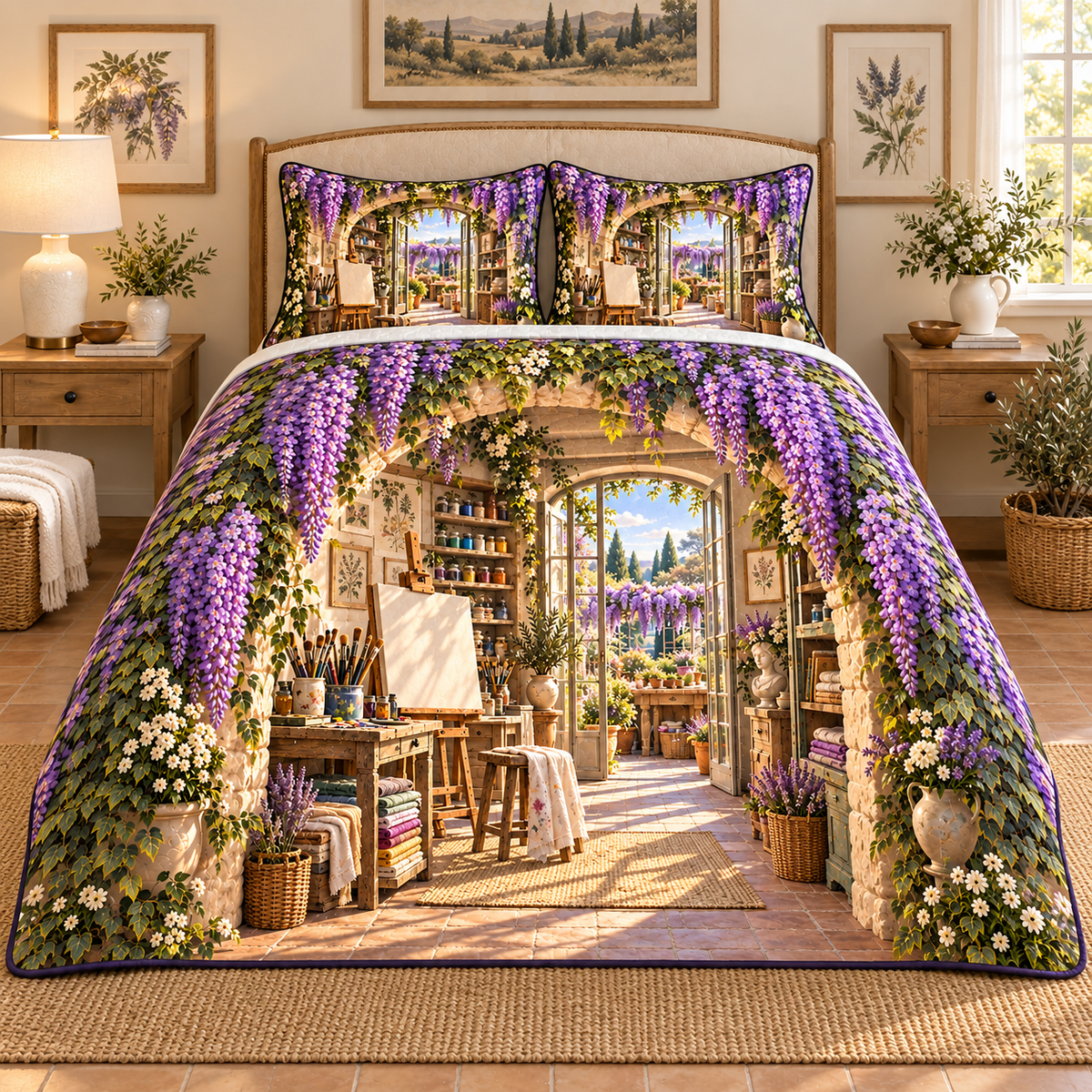 Wisteria Maker Studio Quilted Bedding Set with printed optical 3D artwork in its use setting