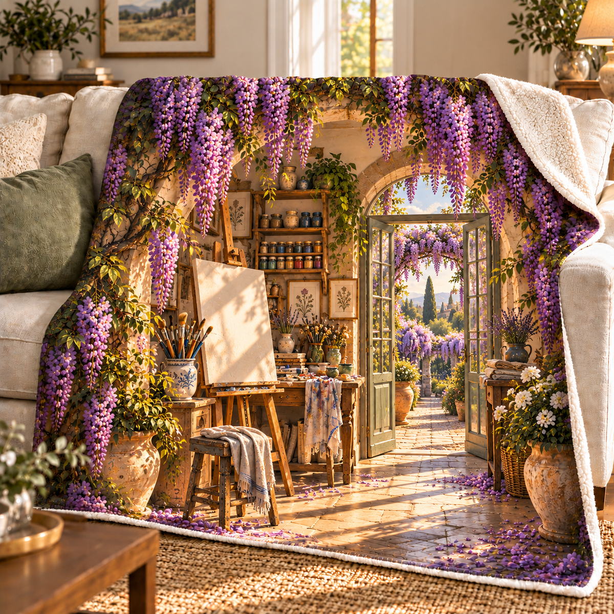 Wisteria Maker Studio Sherpa & Fleece Blanket with printed optical 3D artwork in its use setting