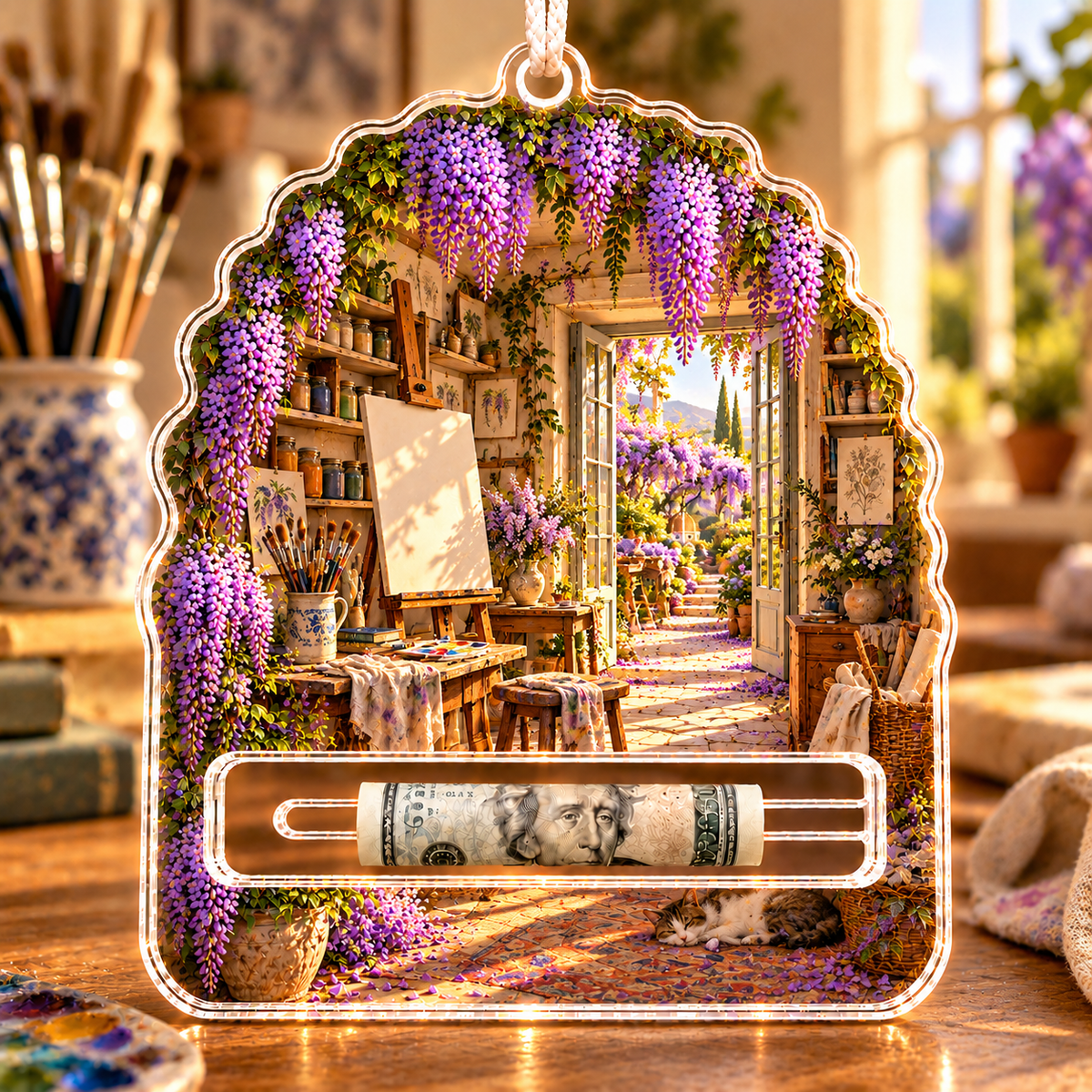 Wisteria Maker Studio Acrylic Cash Holder Ornament with printed optical 3D artwork in its use setting