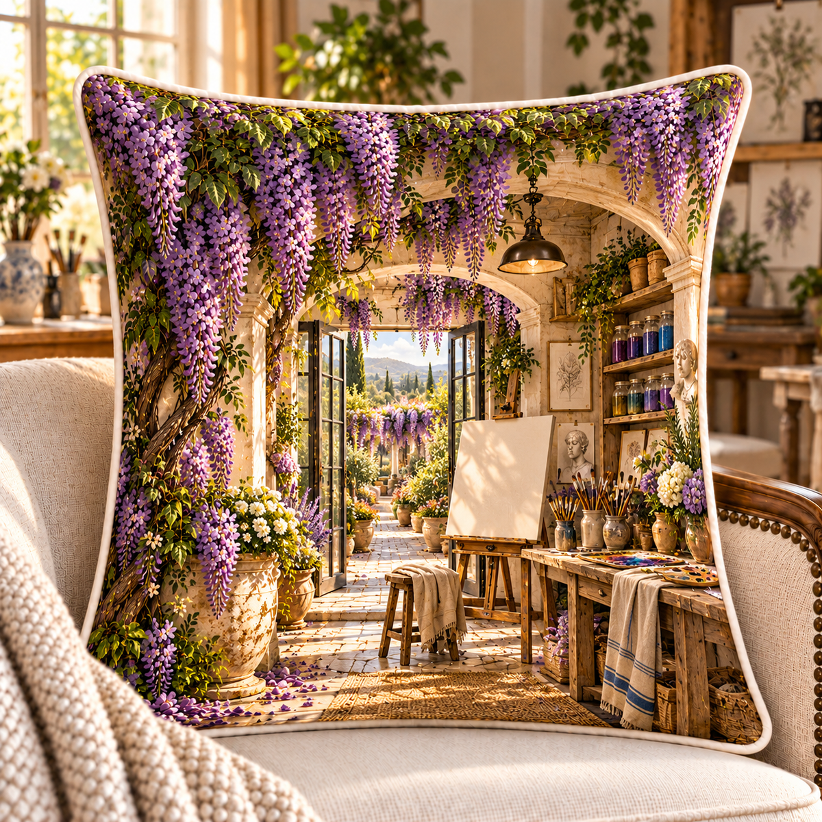 Wisteria Maker Studio Quilted Cushion Cover with printed optical 3D artwork in its use setting