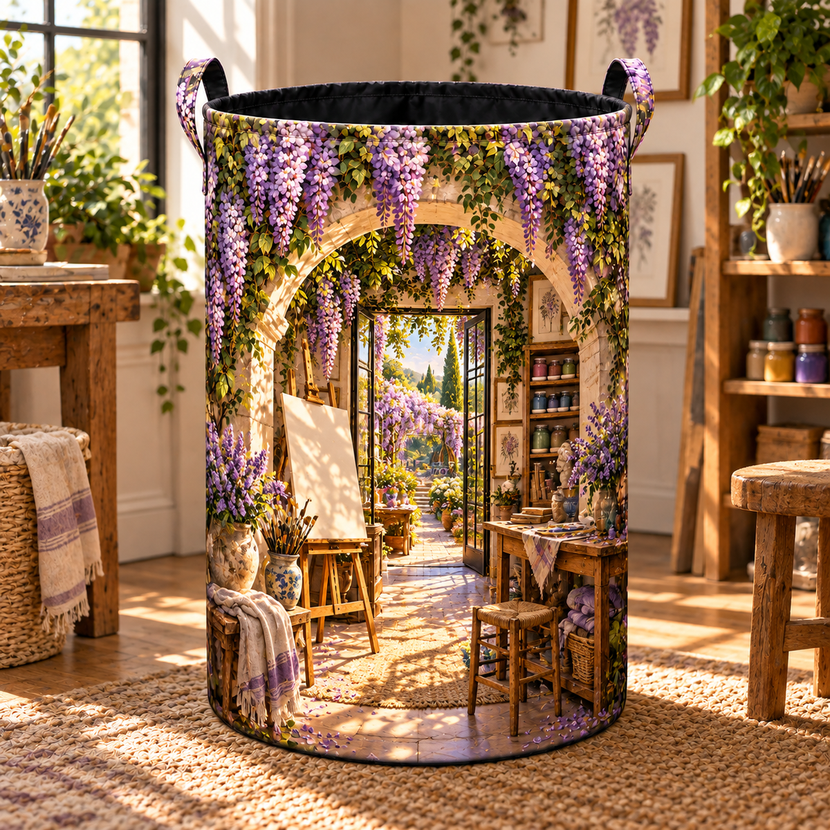 Wisteria Maker Studio Laundry Hamper with printed optical 3D artwork in its use setting