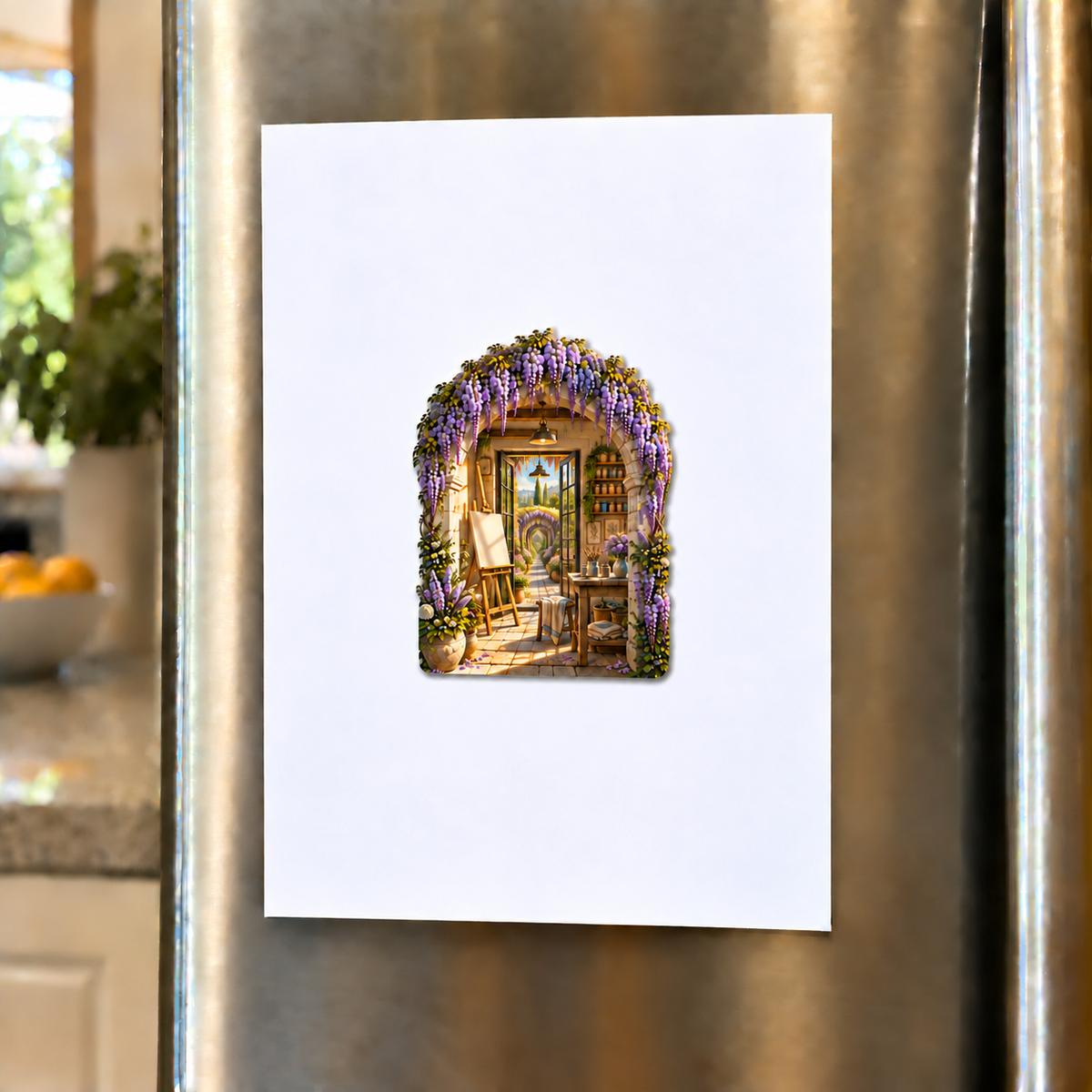 Wisteria Maker Studio Acrylic Refrigerator Magnet with printed optical 3D artwork in its use setting