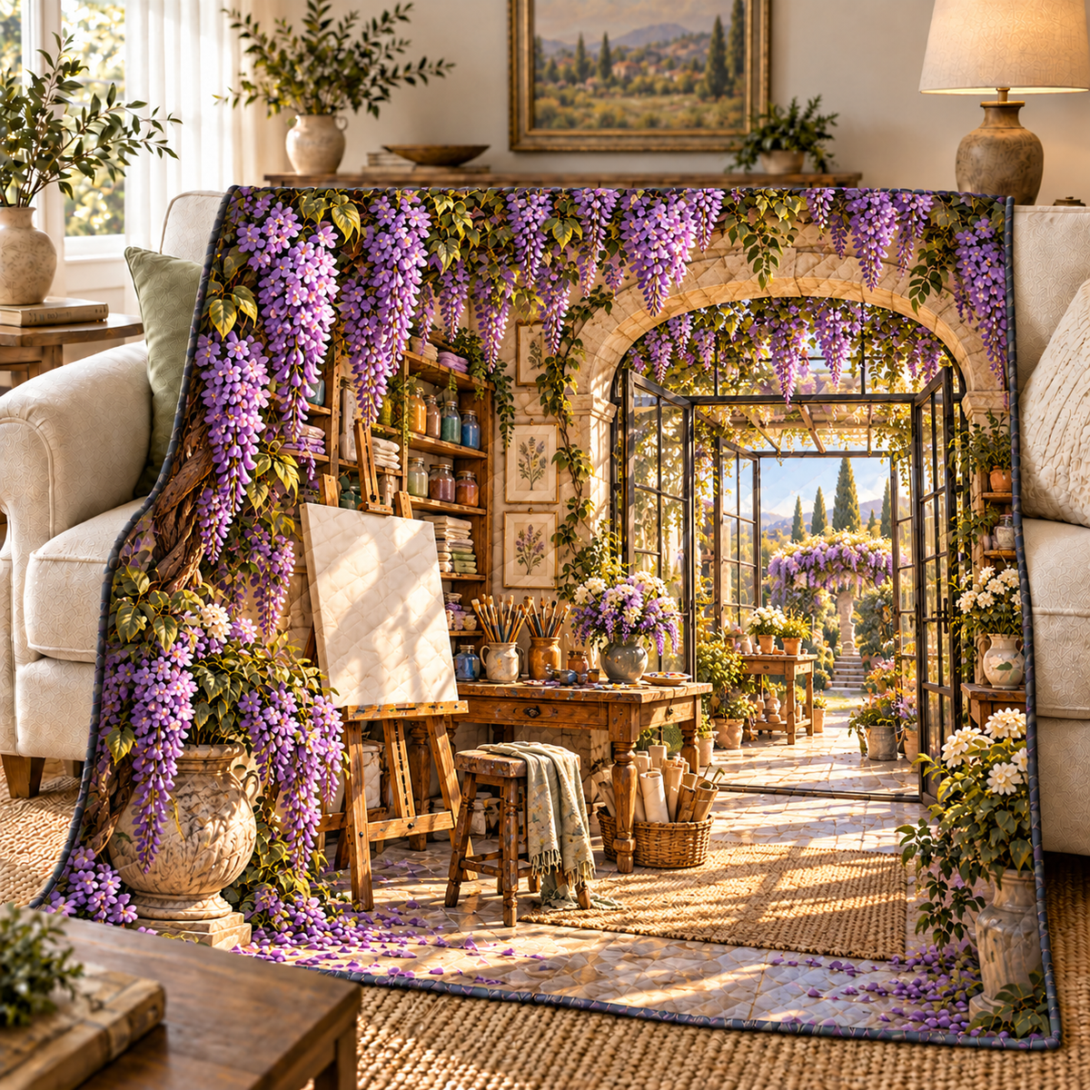 Wisteria Maker Studio Quilt Blanket with printed optical 3D artwork in its use setting