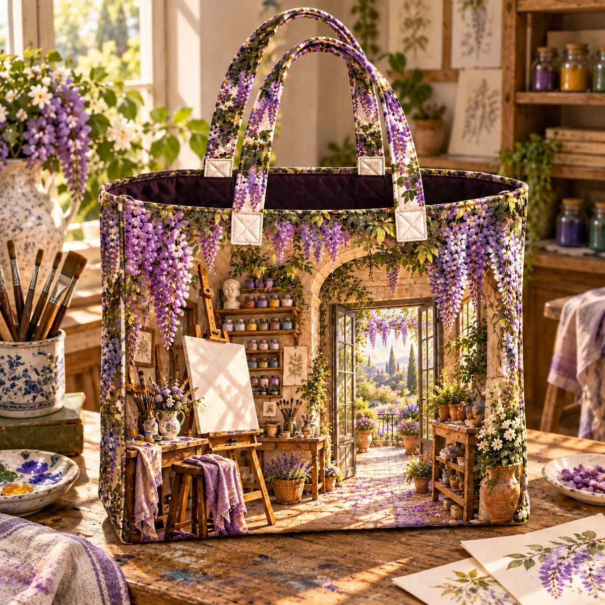 Wisteria Maker Studio Quilted Tote Bag with printed optical 3D artwork in its use setting