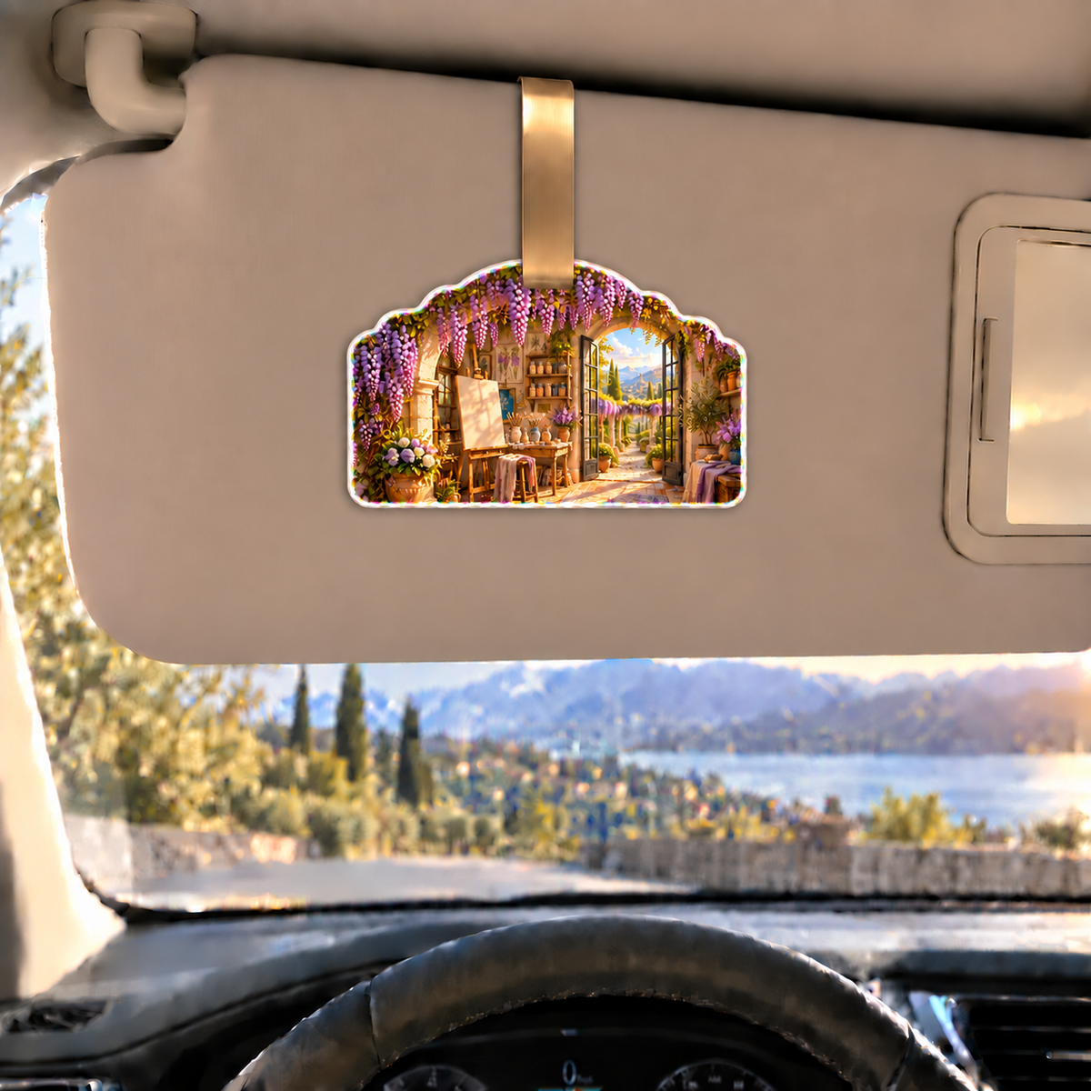 Wisteria Maker Studio Holographic Car Visor Clip with printed optical 3D artwork in its use setting