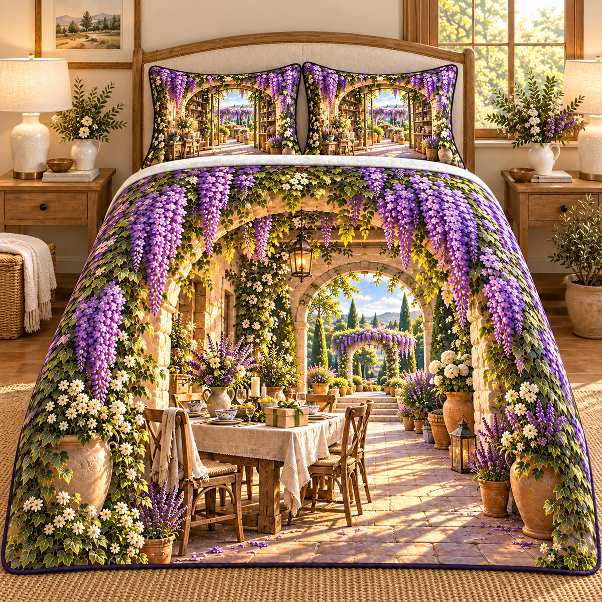 Wisteria Host Garden Quilted Bedding Set with printed optical 3D artwork in its use setting
