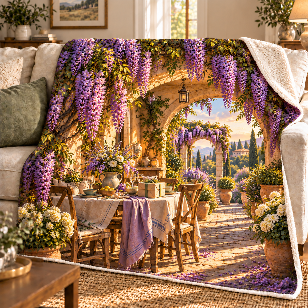 Wisteria Host Garden Sherpa & Fleece Blanket with printed optical 3D artwork in its use setting