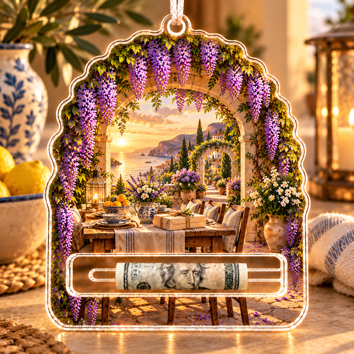 Wisteria Host Garden Acrylic Cash Holder Ornament with printed optical 3D artwork in its use setting