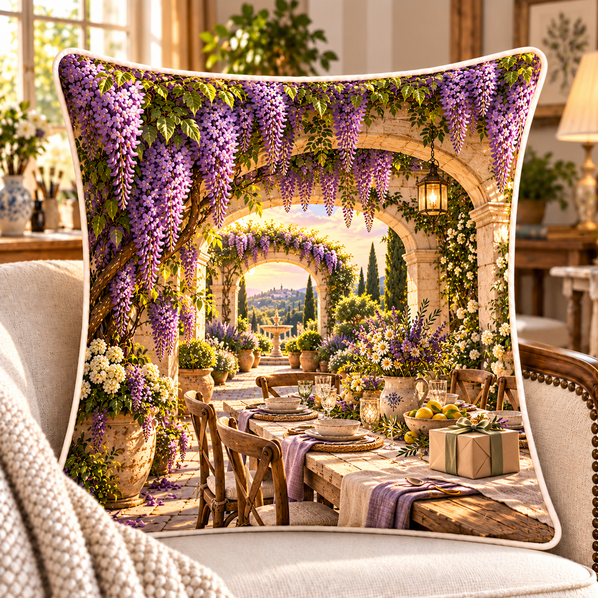 Wisteria Host Garden Quilted Cushion Cover with printed optical 3D artwork in its use setting