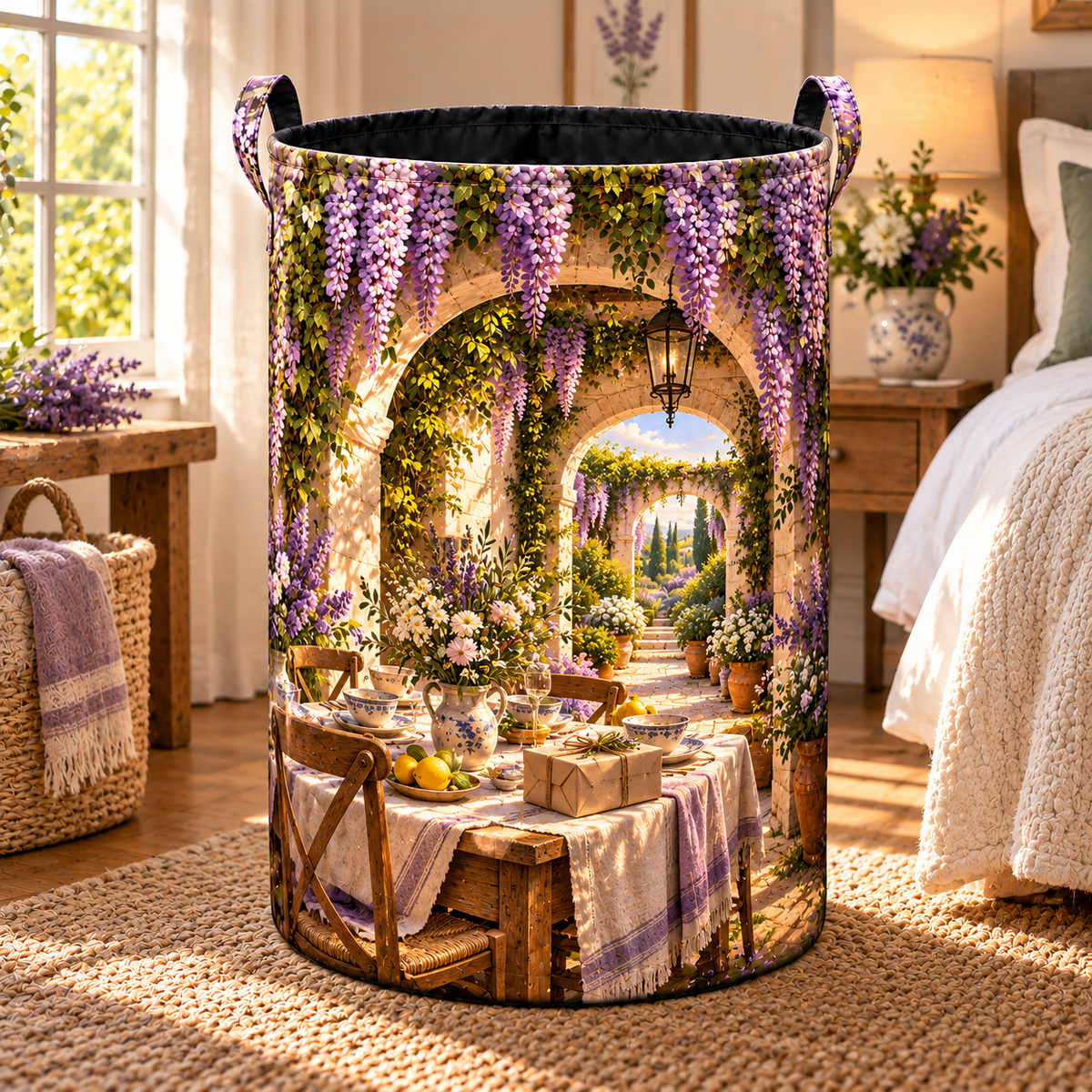 Wisteria Host Garden Laundry Hamper with printed optical 3D artwork in its use setting