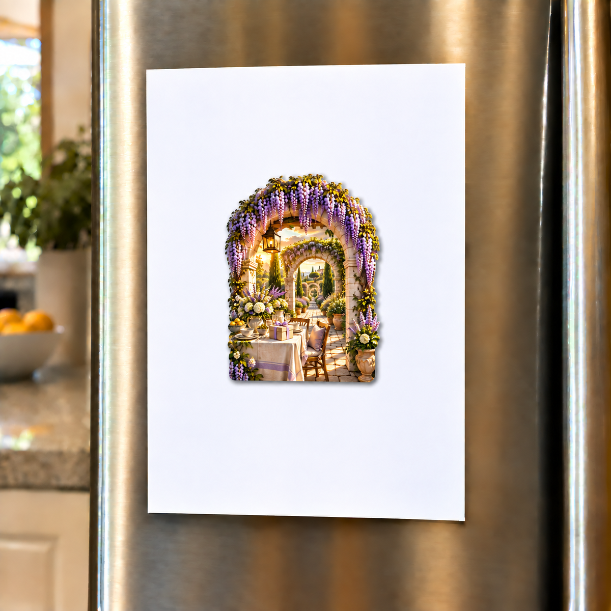 Wisteria Host Garden Acrylic Refrigerator Magnet with printed optical 3D artwork in its use setting