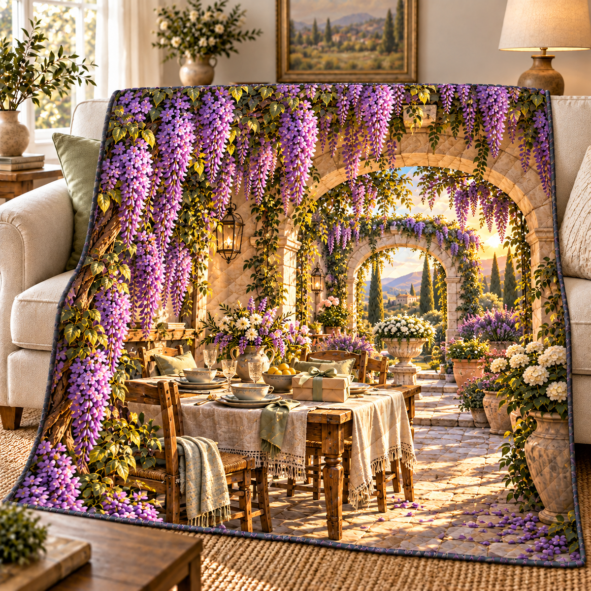 Wisteria Host Garden Quilt Blanket with printed optical 3D artwork in its use setting