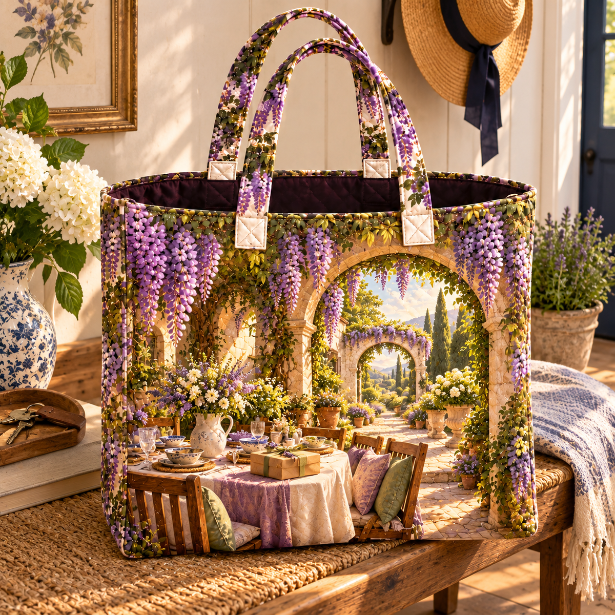 Wisteria Host Garden Quilted Tote Bag with printed optical 3D artwork in its use setting