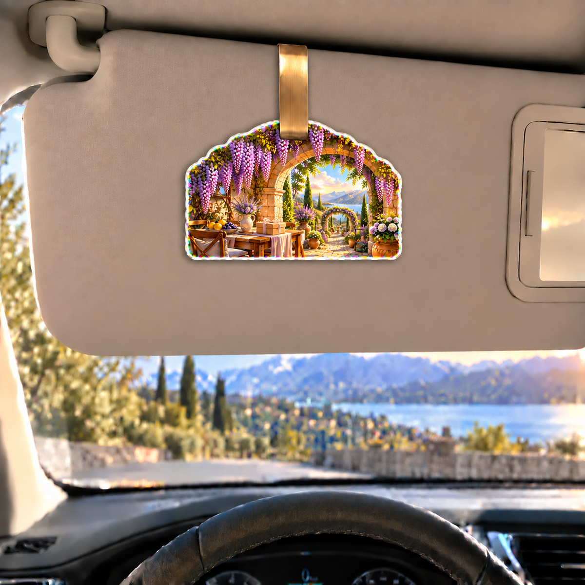 Wisteria Host Garden Holographic Car Visor Clip with printed optical 3D artwork in its use setting