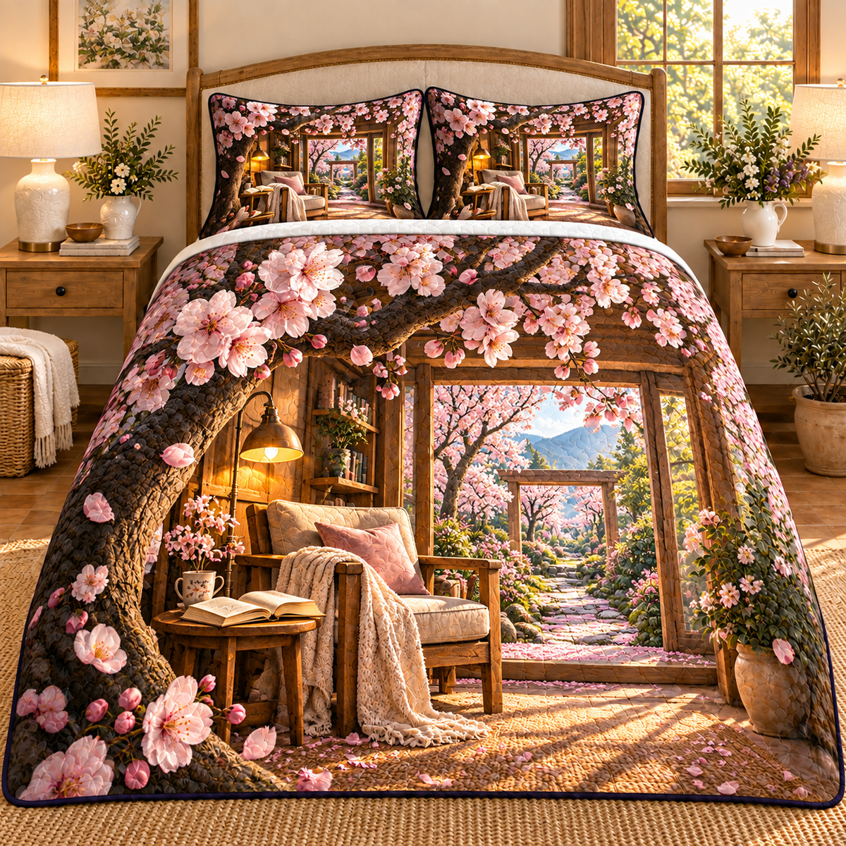 Cherry Blossom Reading Alcove Quilted Bedding Set with printed optical 3D artwork in its use setting