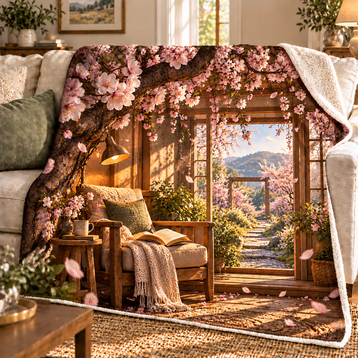 Cherry Blossom Reading Alcove Sherpa & Fleece Blanket with printed optical 3D artwork in its use setting