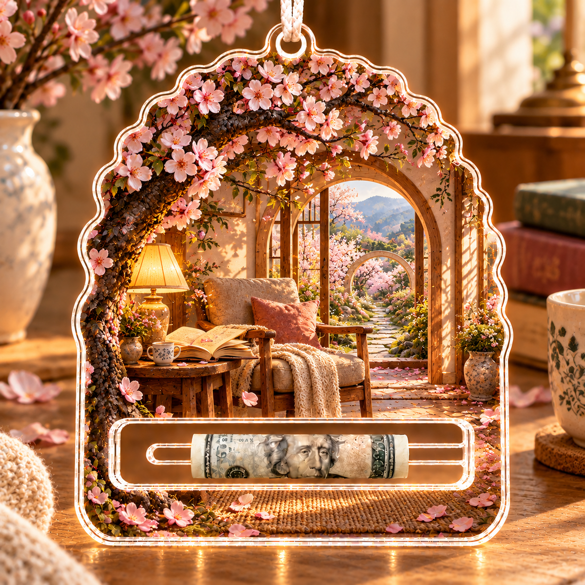 Cherry Blossom Reading Alcove Acrylic Cash Holder Ornament with printed optical 3D artwork in its use setting