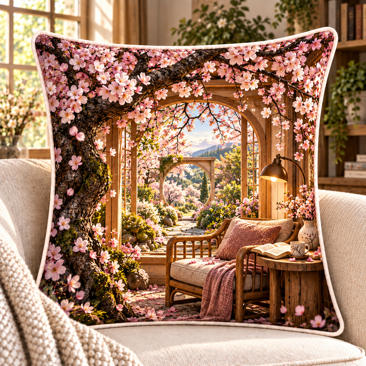 Cherry Blossom Reading Alcove Quilted Cushion Cover with printed optical 3D artwork in its use setting