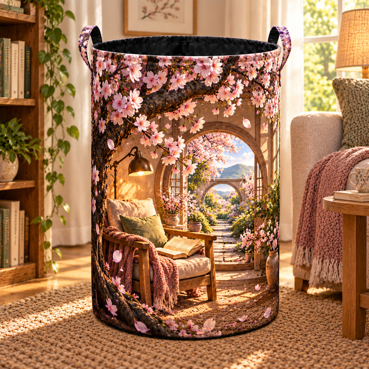 Cherry Blossom Reading Alcove Laundry Hamper with printed optical 3D artwork in its use setting