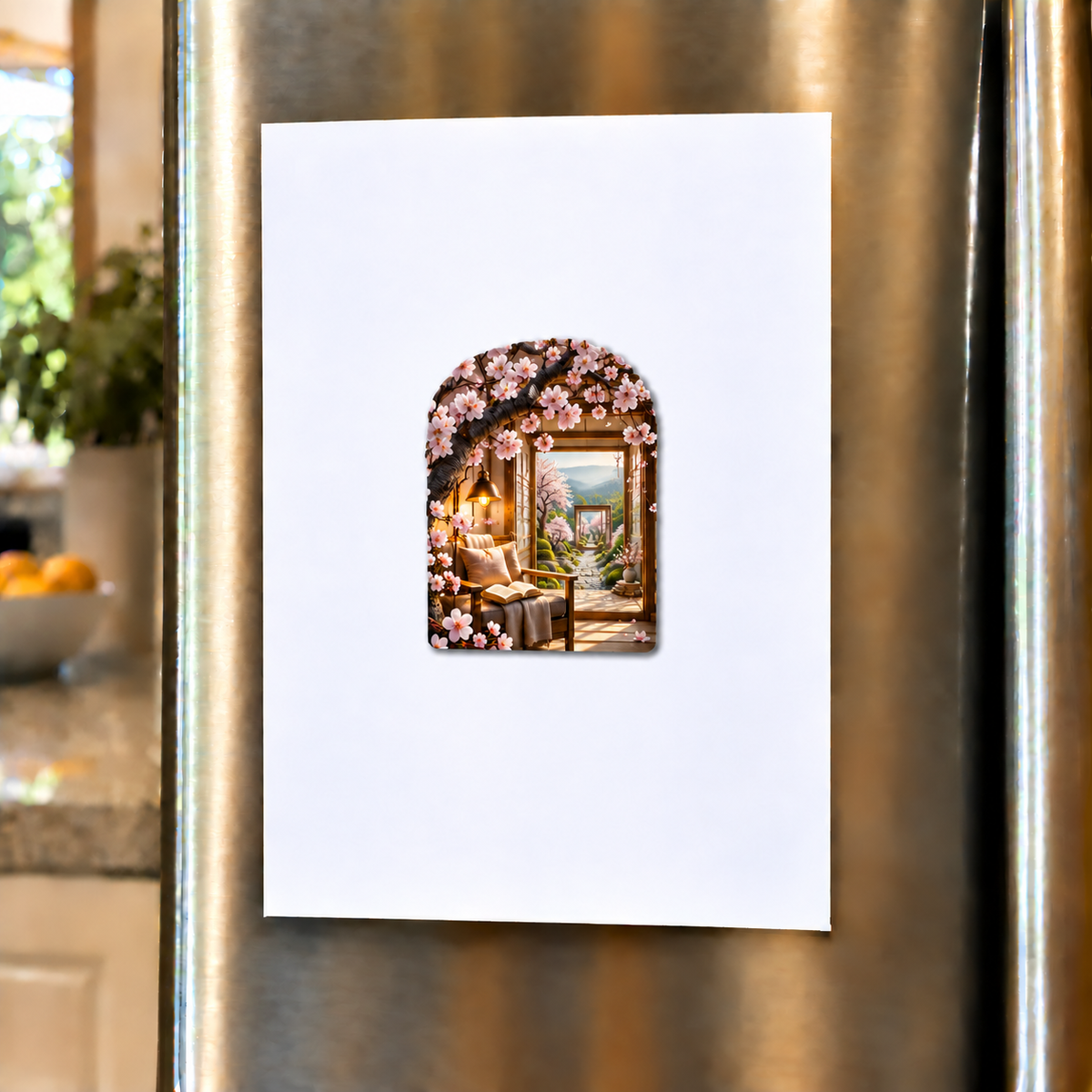 Cherry Blossom Reading Alcove Acrylic Refrigerator Magnet with printed optical 3D artwork in its use setting