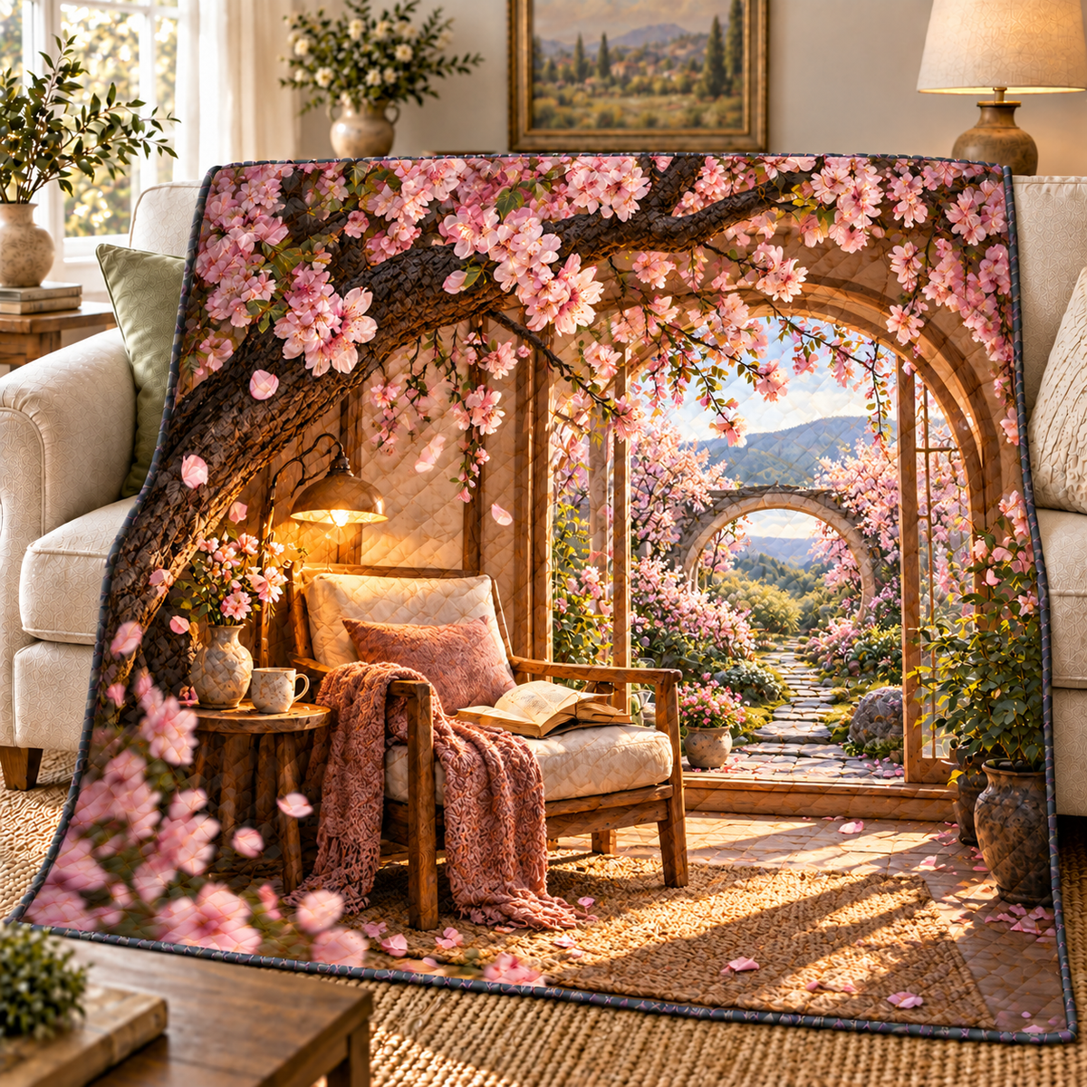 Cherry Blossom Reading Alcove Quilt Blanket with printed optical 3D artwork in its use setting