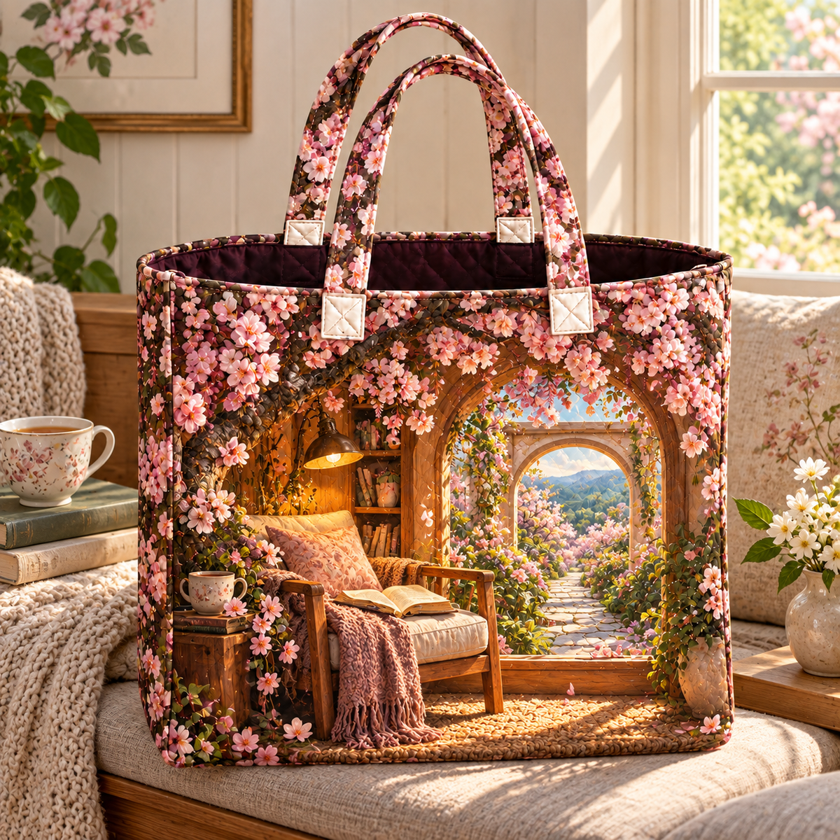 Cherry Blossom Reading Alcove Quilted Tote Bag with printed optical 3D artwork in its use setting