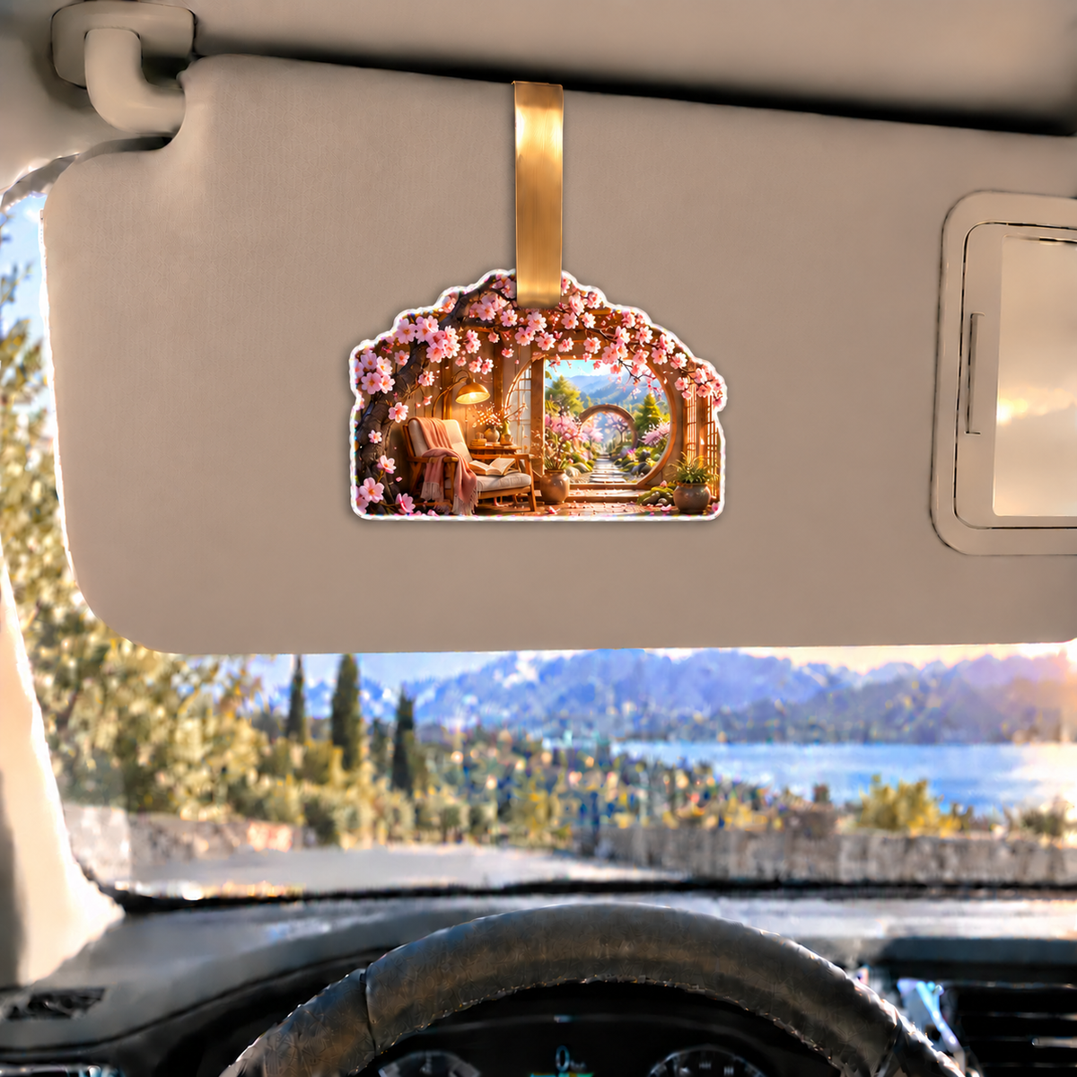 Cherry Blossom Reading Alcove Holographic Car Visor Clip with printed optical 3D artwork in its use setting