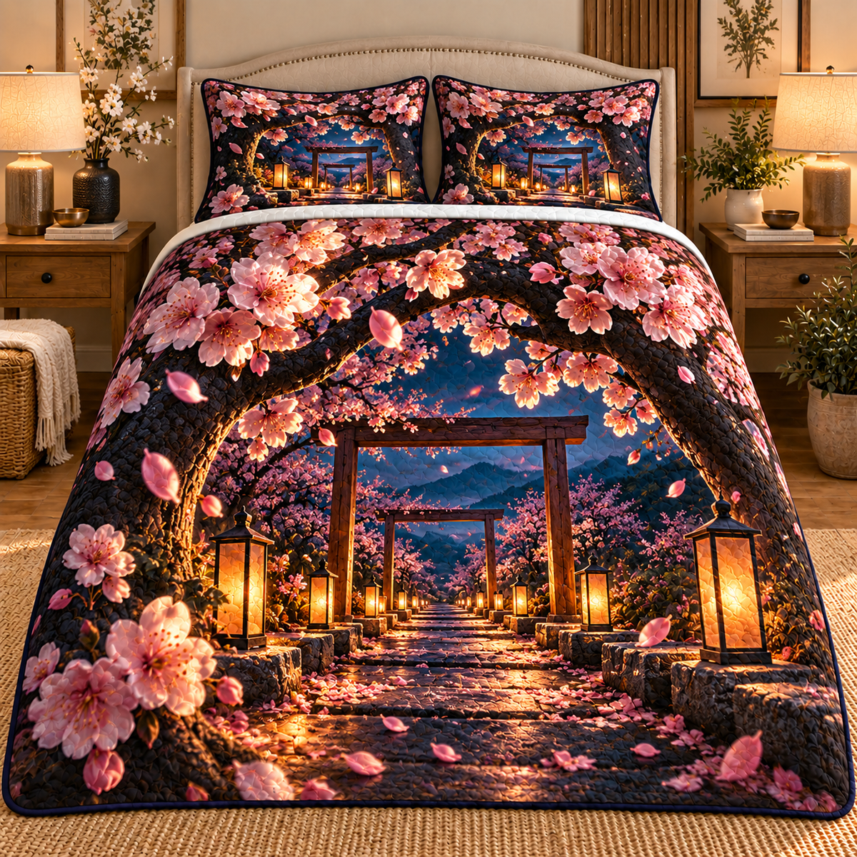 Cherry Blossom Twilight Canopy Quilted Bedding Set with printed optical 3D artwork in its use setting
