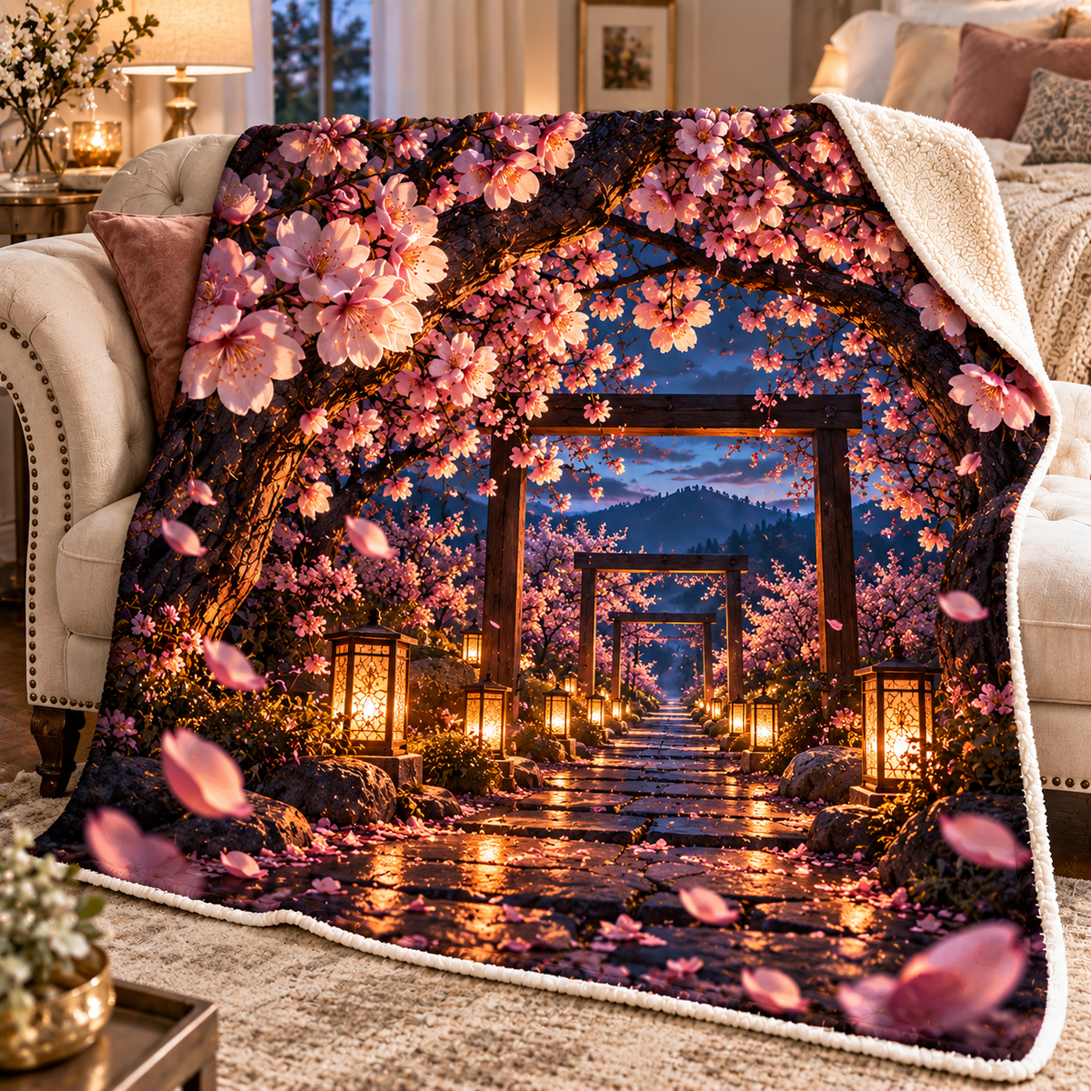 Cherry Blossom Twilight Canopy Sherpa & Fleece Blanket with printed optical 3D artwork in its use setting