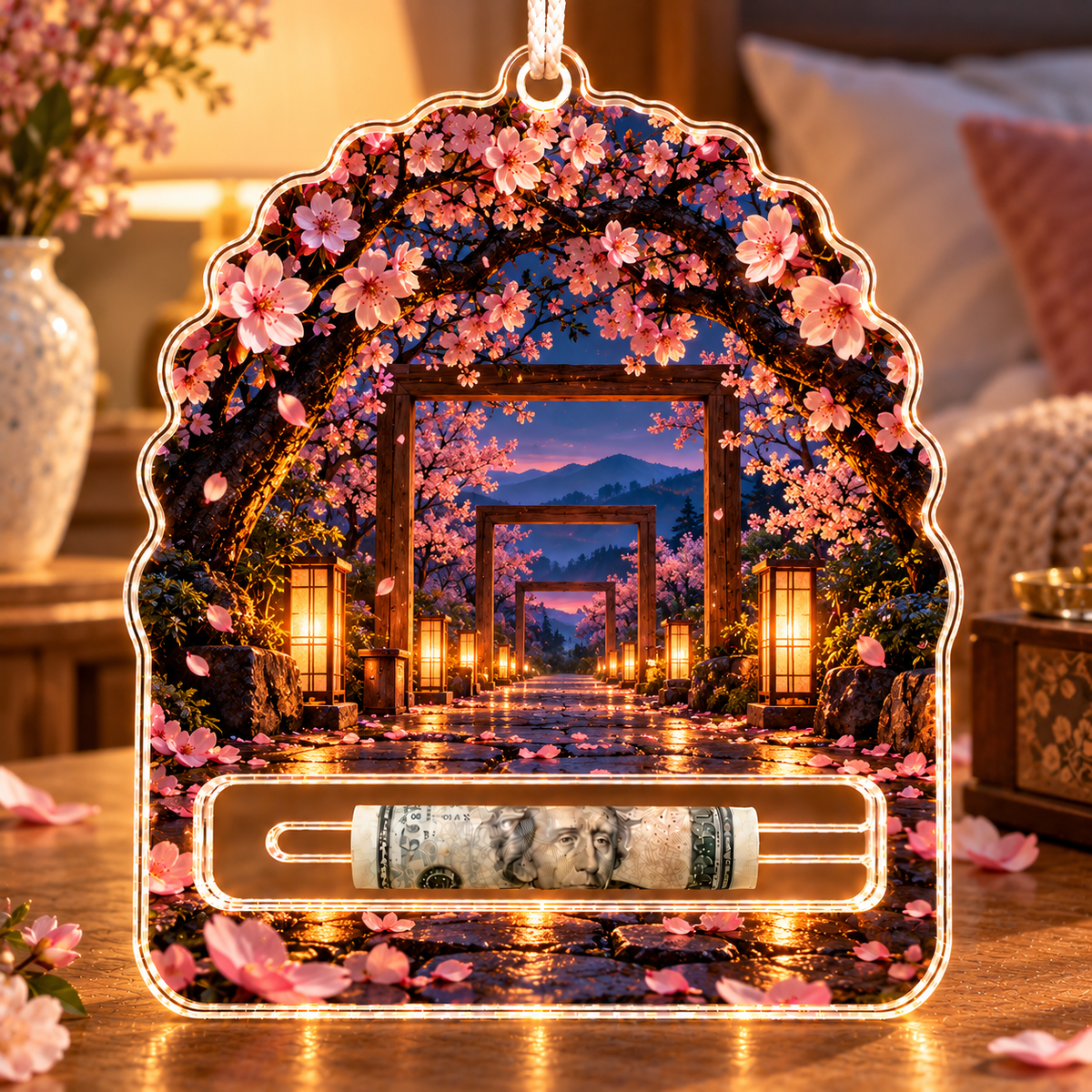 Cherry Blossom Twilight Canopy Acrylic Cash Holder Ornament with printed optical 3D artwork in its use setting
