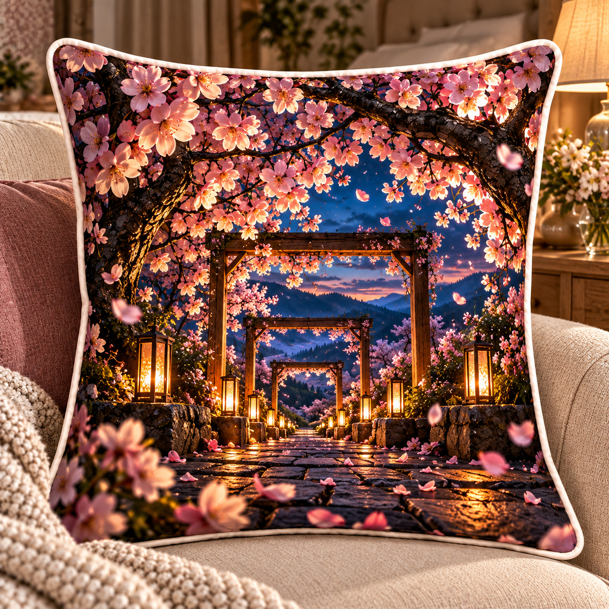 Cherry Blossom Twilight Canopy Quilted Cushion Cover with printed optical 3D artwork in its use setting