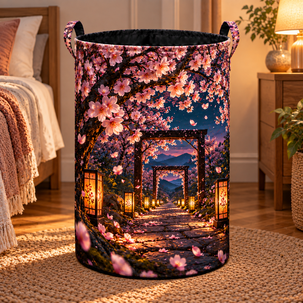 Cherry Blossom Twilight Canopy Laundry Hamper with printed optical 3D artwork in its use setting