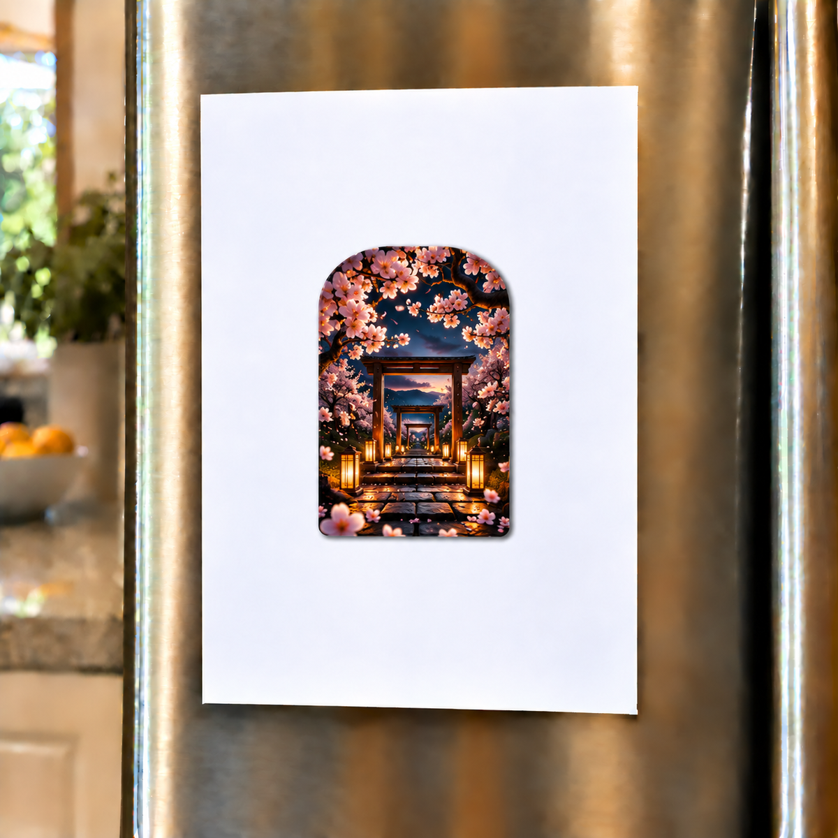 Cherry Blossom Twilight Canopy Acrylic Refrigerator Magnet with printed optical 3D artwork in its use setting