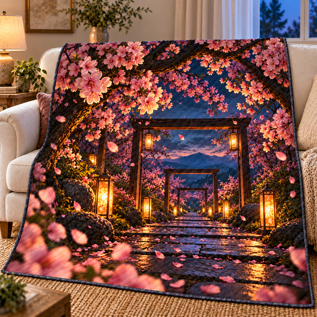 Cherry Blossom Twilight Canopy Quilt Blanket with printed optical 3D artwork in its use setting