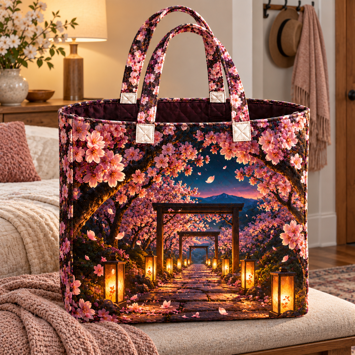 Cherry Blossom Twilight Canopy Quilted Tote Bag with printed optical 3D artwork in its use setting