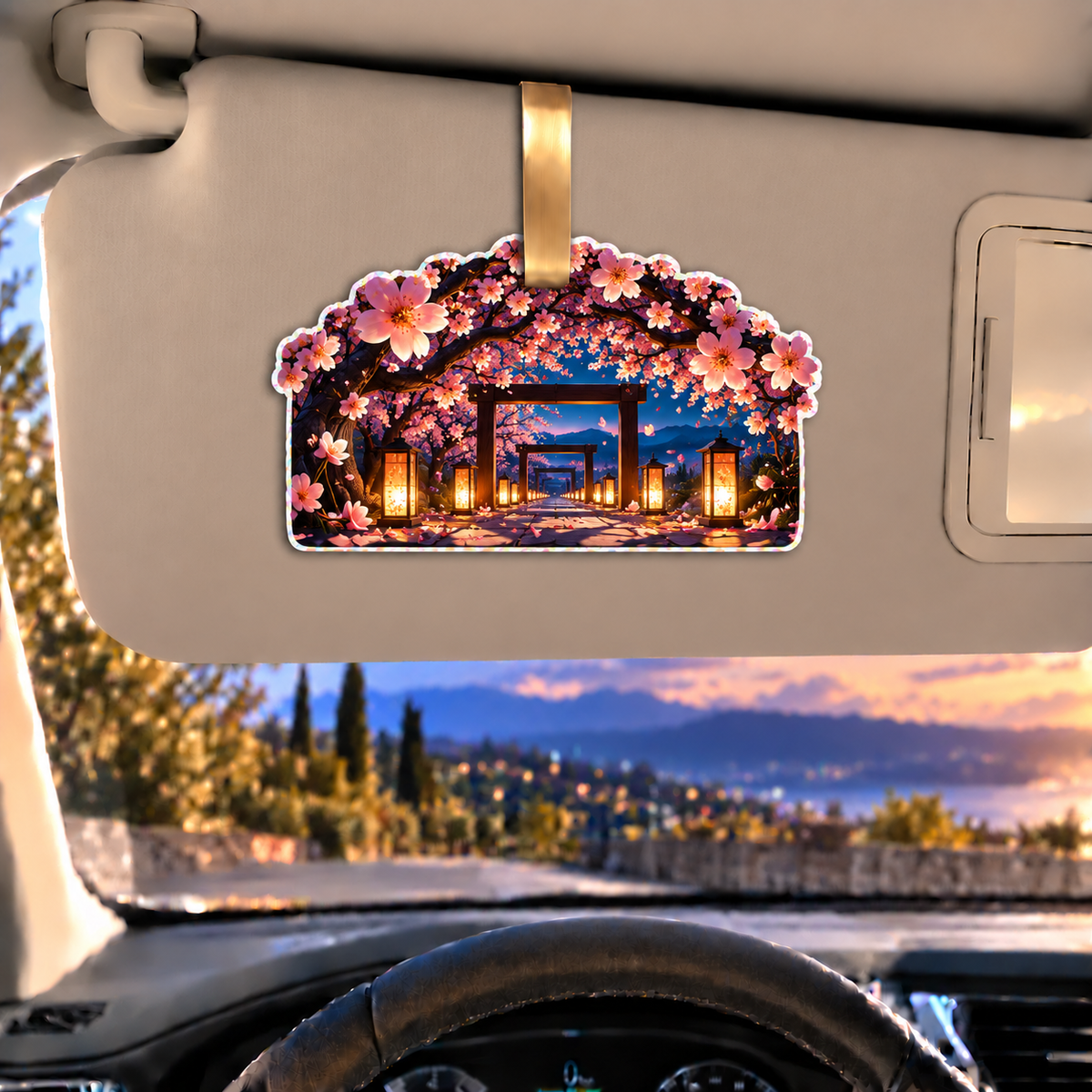 Cherry Blossom Twilight Canopy Holographic Car Visor Clip with printed optical 3D artwork in its use setting