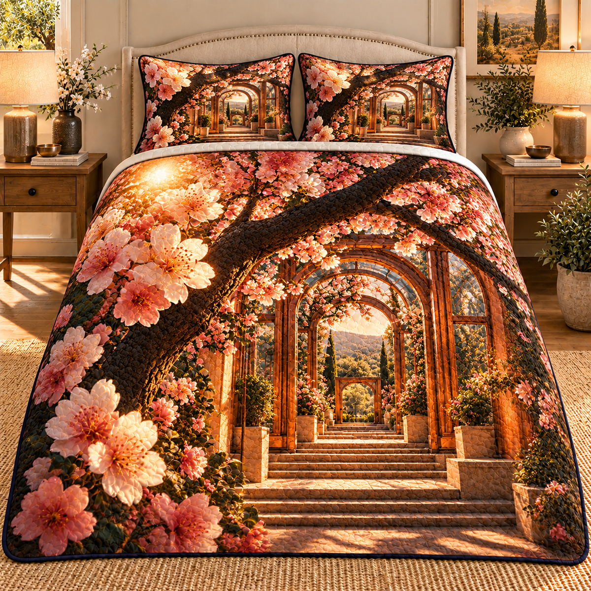 Cherry Blossom Copper Atrium Quilted Bedding Set with printed optical 3D artwork in its use setting
