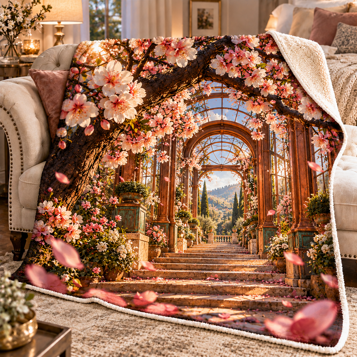 Cherry Blossom Copper Atrium Sherpa & Fleece Blanket with printed optical 3D artwork in its use setting