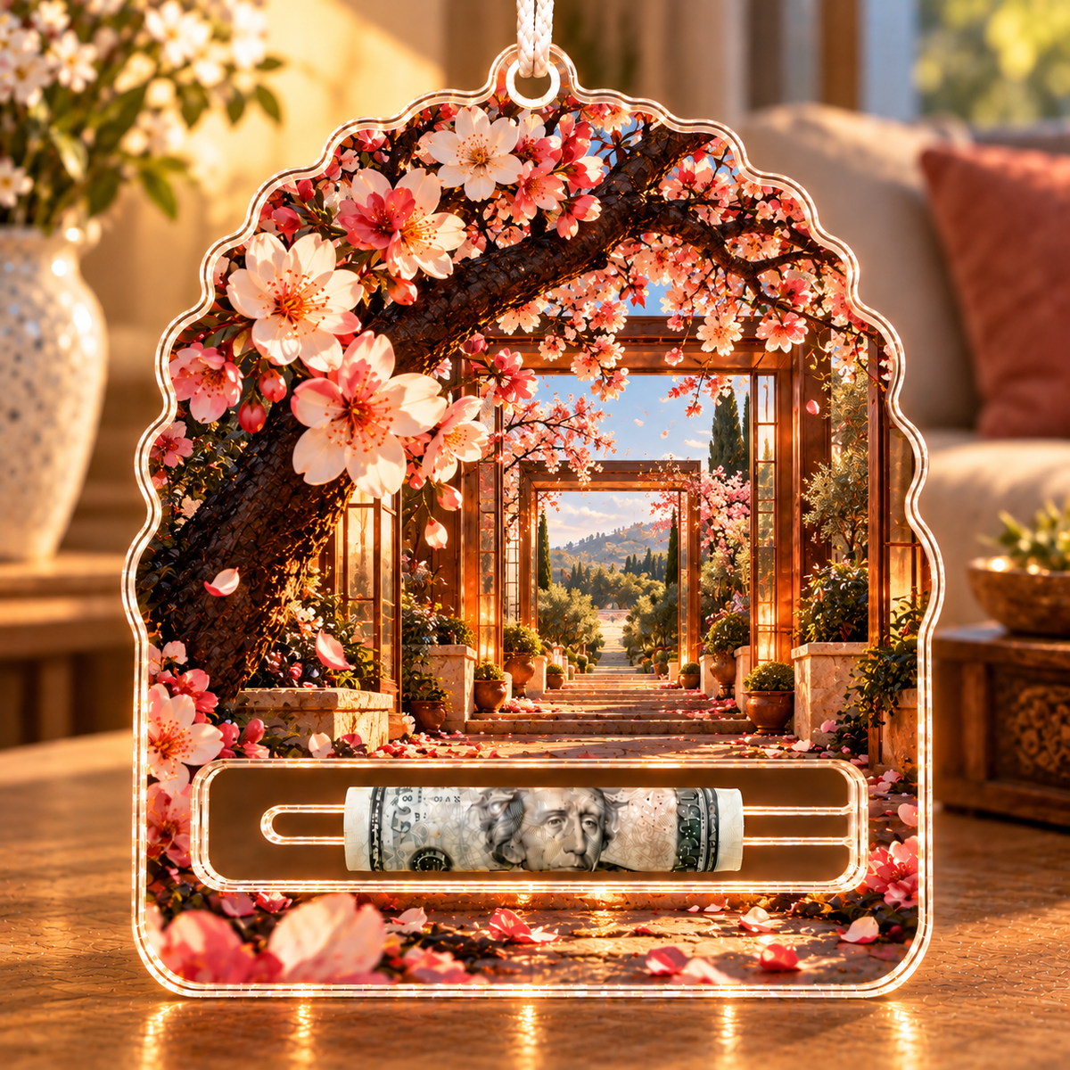 Cherry Blossom Copper Atrium Acrylic Cash Holder Ornament with printed optical 3D artwork in its use setting