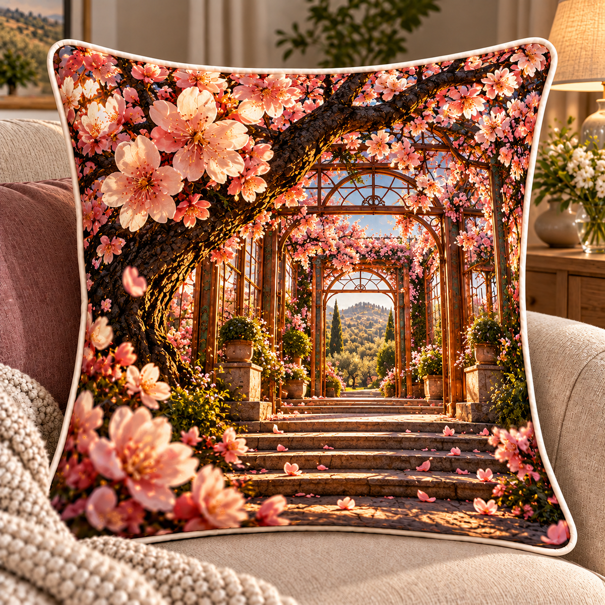 Cherry Blossom Copper Atrium Quilted Cushion Cover with printed optical 3D artwork in its use setting
