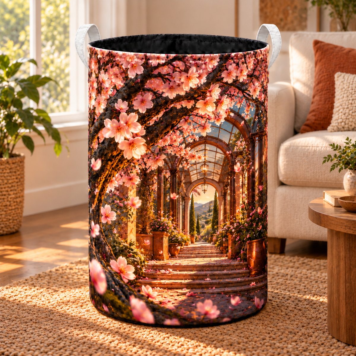 Cherry Blossom Copper Atrium Laundry Hamper with printed optical 3D artwork in its use setting