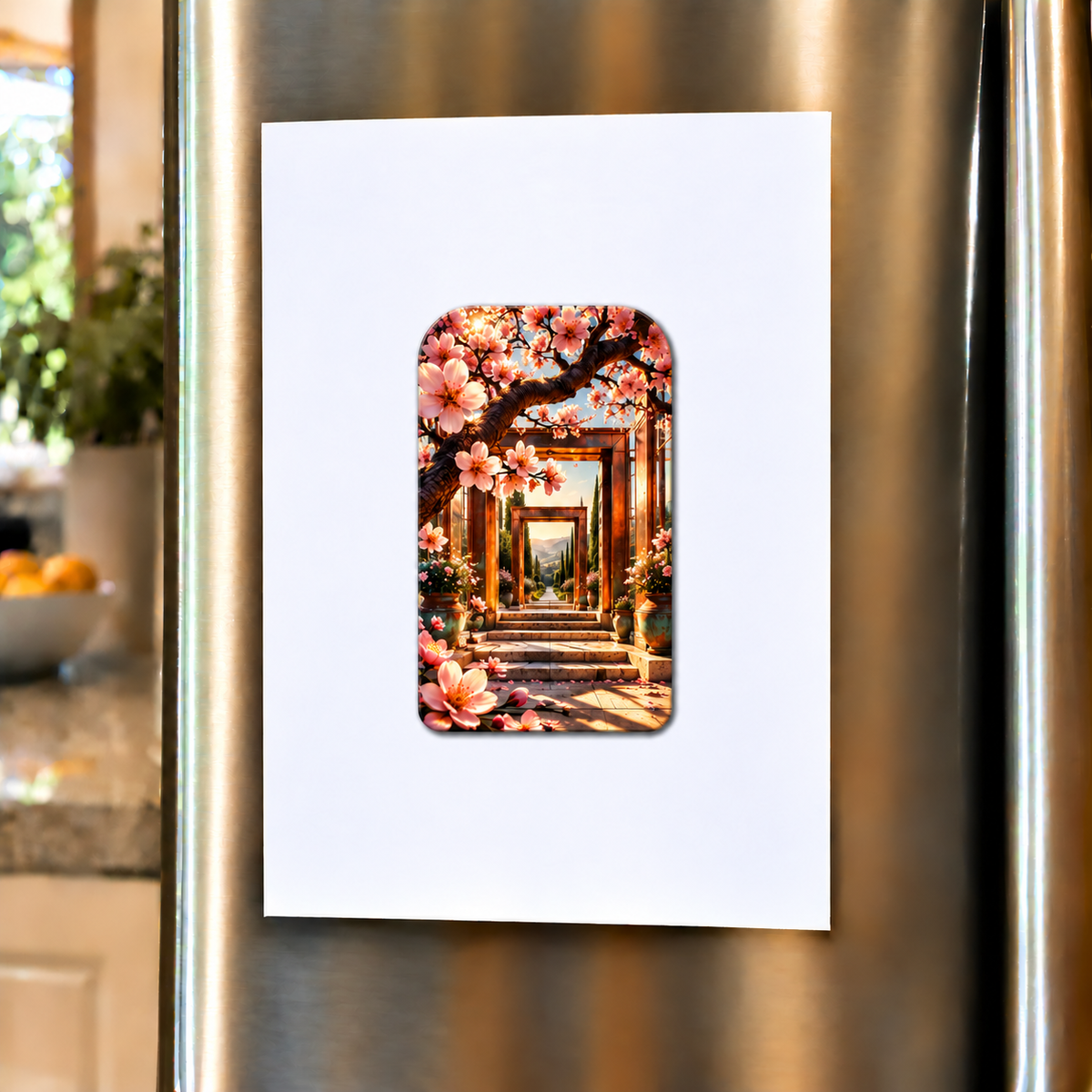 Cherry Blossom Copper Atrium Acrylic Refrigerator Magnet with printed optical 3D artwork in its use setting