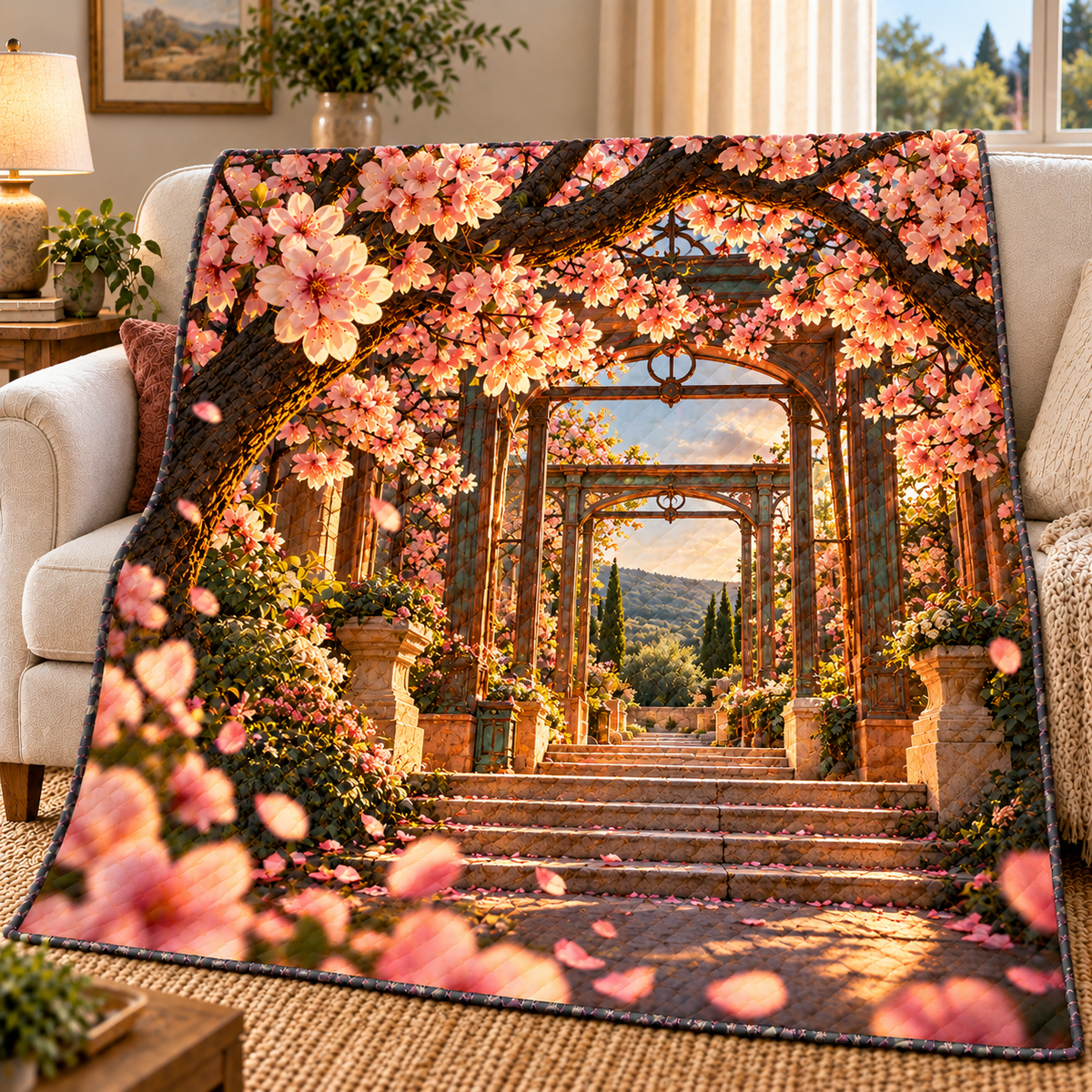 Cherry Blossom Copper Atrium Quilt Blanket with printed optical 3D artwork in its use setting