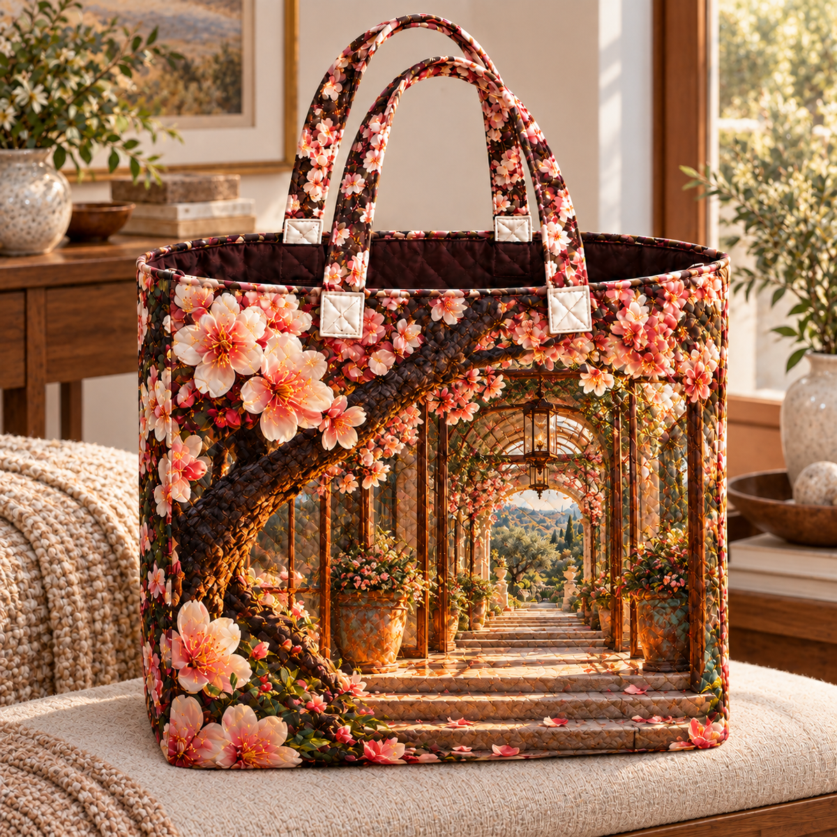Cherry Blossom Copper Atrium Quilted Tote Bag with printed optical 3D artwork in its use setting