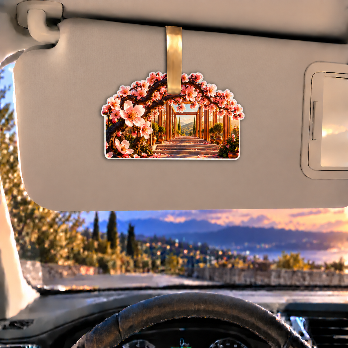 Cherry Blossom Copper Atrium Holographic Car Visor Clip with printed optical 3D artwork in its use setting