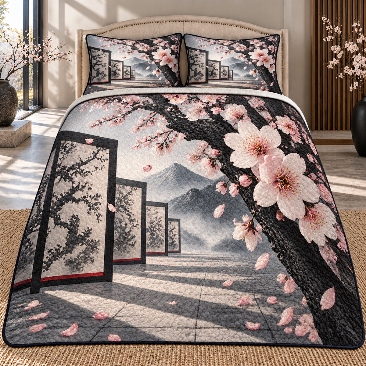 Cherry Blossom Graphite Gallery Quilted Bedding Set with printed optical 3D artwork in its use setting