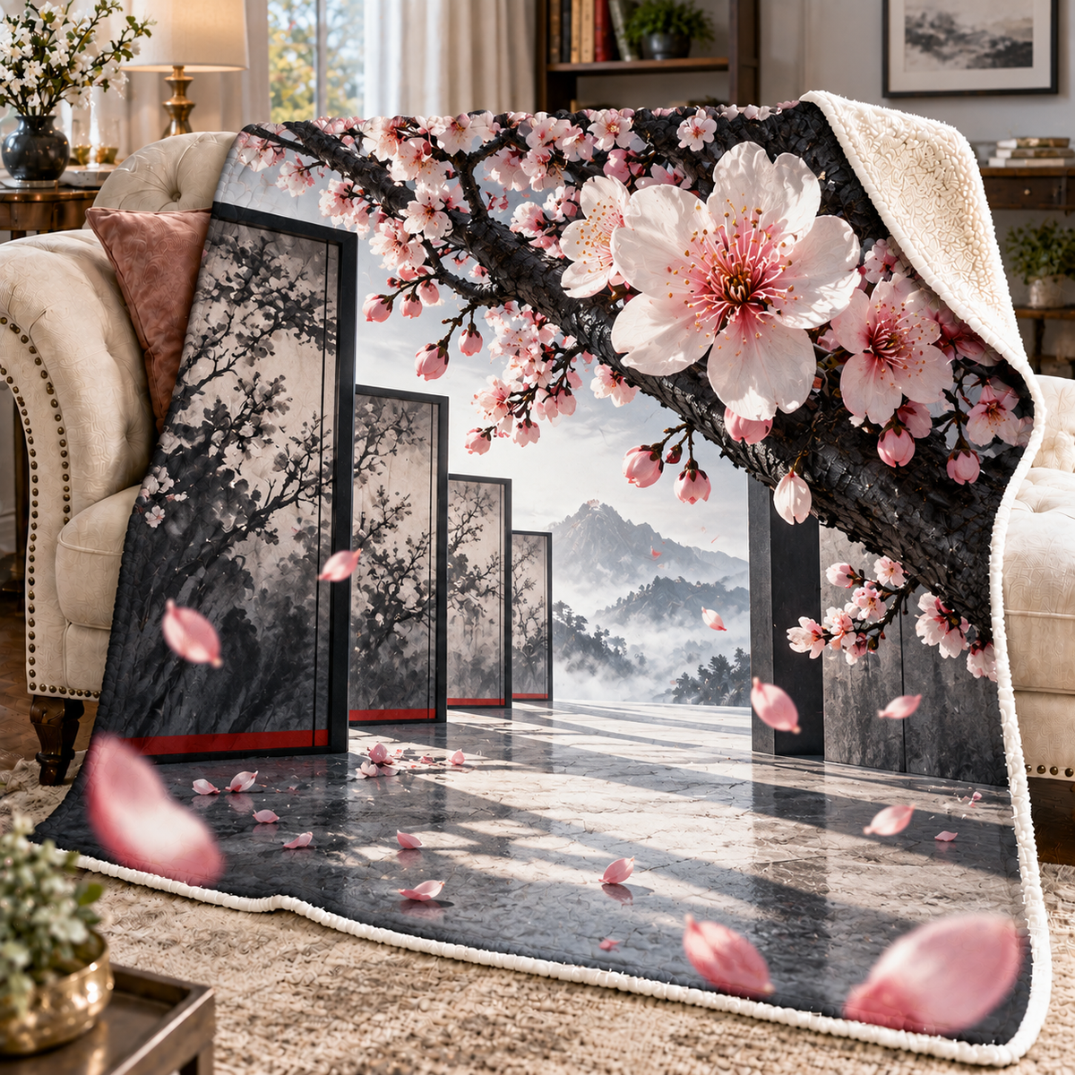 Cherry Blossom Graphite Gallery Sherpa & Fleece Blanket with printed optical 3D artwork in its use setting